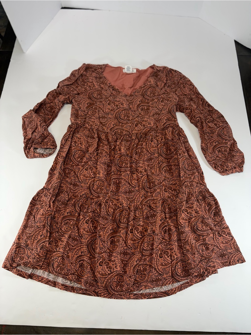 Lucky Brand Boho Paisley Tiered Mini Dress Rust Orange XS